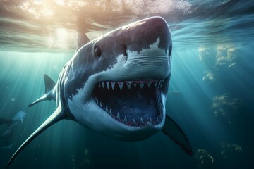 Massive killer shark. Dangerous aquatic hunter with sharp white teeth. Generate AI