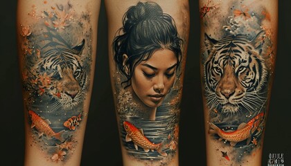 a forearm selve tattoo design, detailed, layered, black and gray, Japanese tattoo style, of a beautiful woman a tiger and fish,generative ai