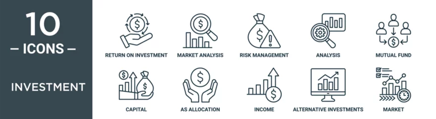 Fotobehang investment outline icon set includes thin line return on investment, market analysis, risk management, analysis, mutual fund, capital, as allocation icons for report, presentation, diagram, web © Handmade Icons