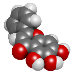 Baicalein flavonoid molecule. 3D rendering.