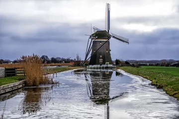 Foto auf Leinwand Winter landscape with traditional Dutch windmill in Leidschendam, near The Hague, Netherlands, Holland, Europe © Gina