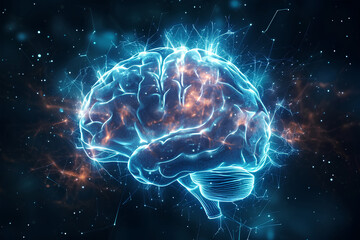 Hologram of the brain. Background with selective focus and copy space
