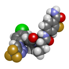 Asundexian drug molecule. Inhibitor of factor XIa. 3D rendering.