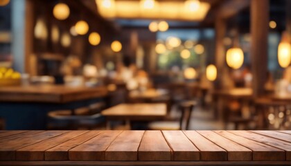 Wooden planks with blurred restaurant background - obrazy, fototapety, plakaty
