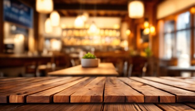 Wooden planks with blurred restaurant background