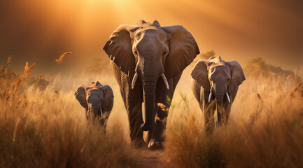 Gruppe von Elefanten in der Savanne, Elefantenfamilie in beeindruckendem Licht in der Steppe - obrazy, fototapety, plakaty