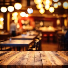 Fototapeta na wymiar Wooden planks with blurred restaurant background