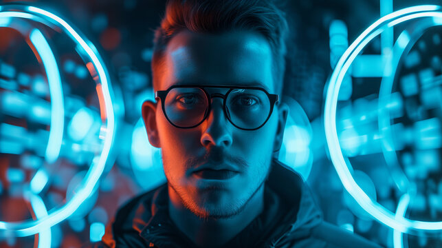 Closeup man with neon rbg background