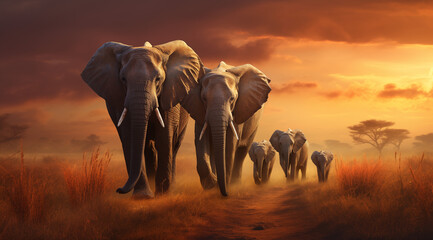 Gruppe von Elefanten in der Savanne, Elefantenfamilie in beeindruckendem Licht in der Steppe