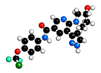 Asciminib cancer drug molecule. 3D rendering.