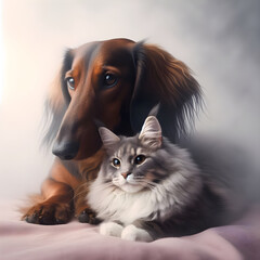 A Dachshund and a Maine Coon cat sharing a quiet moment. Soft pastel colors and solid background with fog effect.