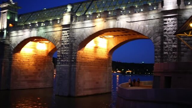 Pushkin Street bridge with night illumination in Moscow.