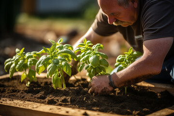Man planting basil in the garden