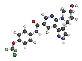 Asciminib cancer drug molecule. 3D rendering.
