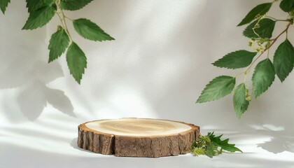 Natural round wooden stand for product photography presentation on white background with shadows. Mock up 3d empty podium with green leaves for organic cosmetic product. Copy space.