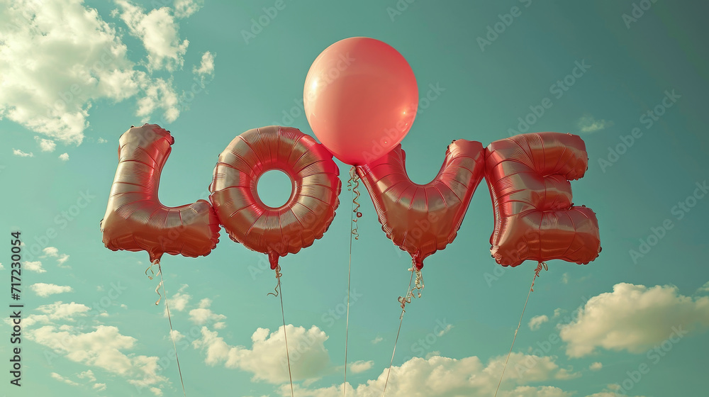 Sticker LOVE from air balloons on blue sky background with sunlight