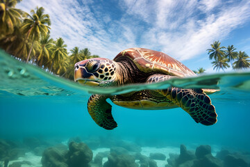 Fototapeta premium Big turtle swimming in the sea world with tropical beach on background, selective focus. Underwater blue ocean life, ecosystem concept