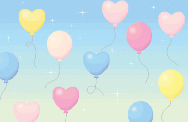 Pixel art、ドット絵のふわふわ風船が浮かぶお祝いムードなバレンタイン背景素材(fresh sky)