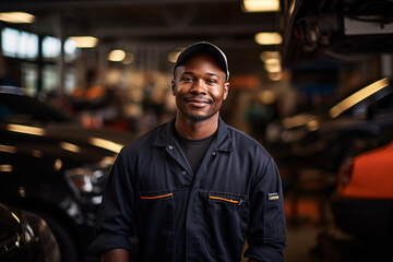 Smiling Black Mechanic at Auto Workshop