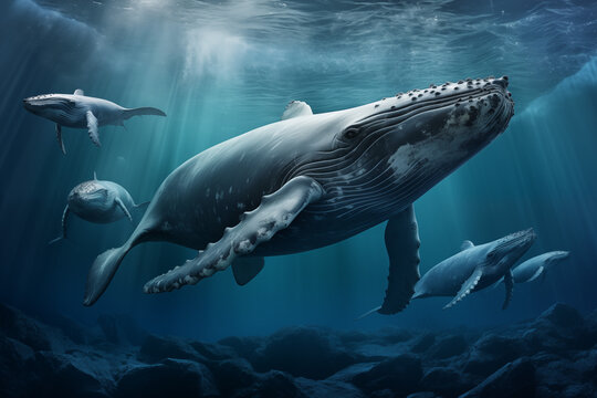 Wale im Meer, Walfamilie in blauem Wasser