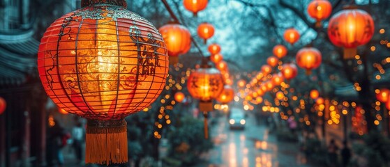 Obraz premium red lanterns chinese new year decoration celebratiion in town on road. traditional asian festival,generative ai