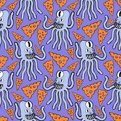 Fototapeta na wymiar Cartoon space monsters seamless octopus pattern for wrapping paper and fabrics and linens and kids clothes print