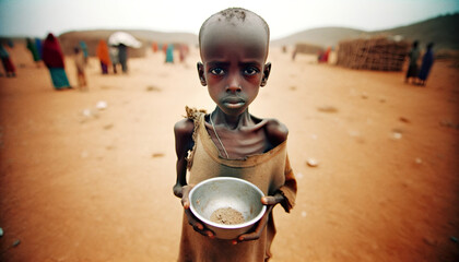 Starving African Child. 7 million children under the age of 5 remain malnourished, over 1.9 million children are at risk of dying from severe malnutrition. Ethiopia, Nigeria, Somalia and South Sudan - obrazy, fototapety, plakaty