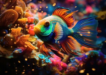 A vibrant tropical fish with colorful scales swims among the swaying sea plants in the ocean. Generative AI.