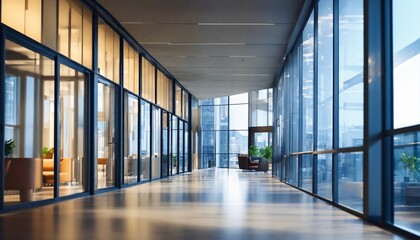 Blurred abstract background interior view looking out toward to empty office lobby and entrance doors and glass curtain wall with frame - obrazy, fototapety, plakaty