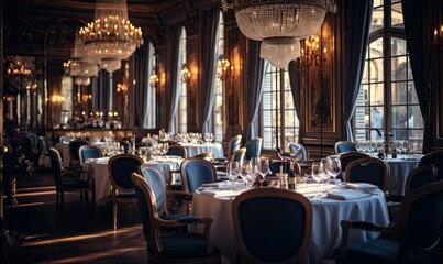 A sophisticated and elegant restaurant interior with luxurious furnishings, soft lighting, and a grand chandelier. Generative AI.