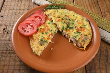 egg omelette with herbs and tomato sausage tasty and healthy food street food carbohydrate bar