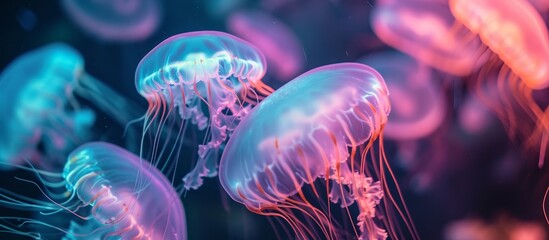 Obraz premium Neon-colored jellyfish with glowing tentacles reside in the ocean's deep seabed, an underwater habitat for marine life.