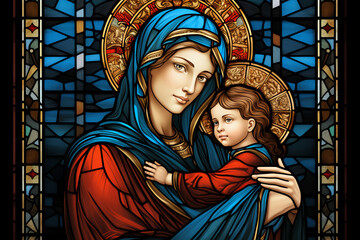 Holy Mary with Baby Jesus - Culture and Religion Concept. Colorful Stained Glass Illustration.