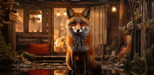 Fuchs in einer märchenhaften Umgebung, Fuchs sitzt vor einem schönen und mystischen Haus im Wald - obrazy, fototapety, plakaty