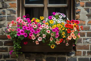 A window box overflowing with colorful spring flowers against a charming brick facade
