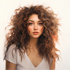 Naklejka premium Portrait of a young beautiful woman with volumetric curls on a white background.