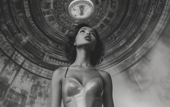 a woman looking at the vault of a cathedral