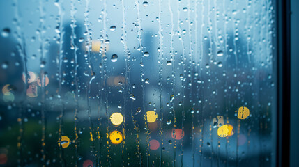 Raindrops sliding down a windowpane with a blurred cityscape in the background - obrazy, fototapety, plakaty