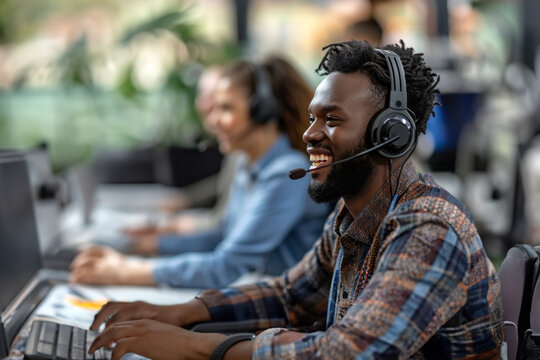 A customer service representative with headphones, engaging with a client over the phone