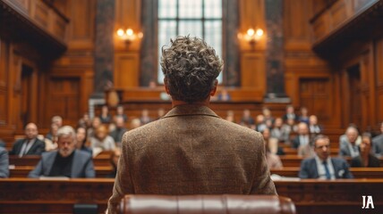 Back of lawyer talking to an attorney in the courtroom. generative ai