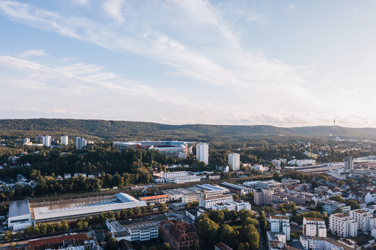 Aerial panoramic skyline cityscape of Kaiserslautern city at sunset. Rhineland-palatinate, Germany