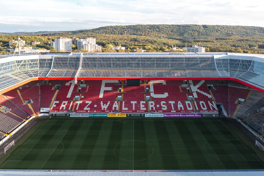 Interior aerial view of Fritz-Walter-Stadion, 1. FC Kaiserslautern home Bundesliga stadium. Kaiserslautern, Rhineland-palatinate, Germany - October 2023