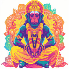 Hanuman in Prayerful Pose Amidst Vibrant Festive Backdrop Illustration