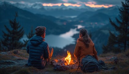 beautiful landscape camping in the mountains background.back view couple sitting by close up on campfire, generative ai - obrazy, fototapety, plakaty