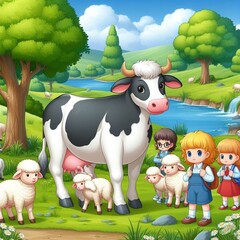 A cow is nursing her calf, with a young lamb beside them suckling from the cow, and a young child on a farm with long green grass, trees, water, and young school students beside them.





