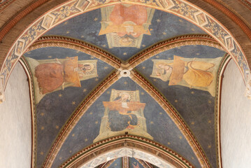 TREVISO, ITALY - NOVEMBER 4, 2023: The fresco of Four Evangelist on the ceiling of presbytery in...