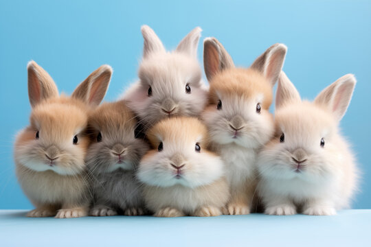 Group of Fluffy Bunnies on Blue Background