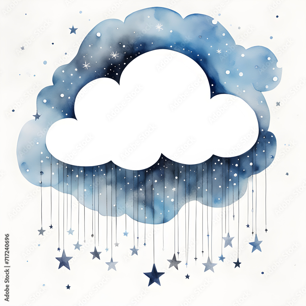 Poster watercolor-of-pastel-toned-clouds-and-stars-suspended-from-strings-within-a-frame-composed