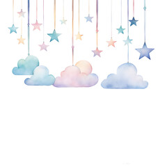 watercolor-of-pastel-toned-clouds-and-stars-suspended-from-strings-within-a-frame-composed