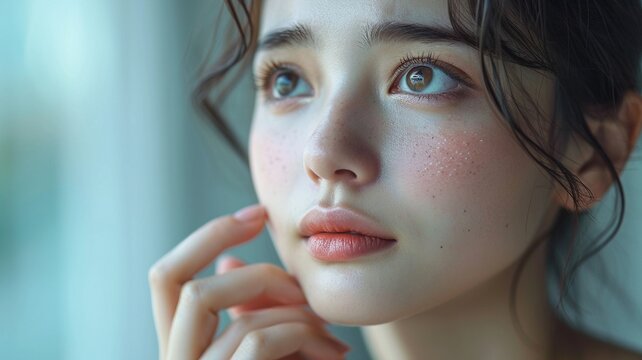 Dermatology, expression face worry asian young woman looking mirror hand touch facial generative ai